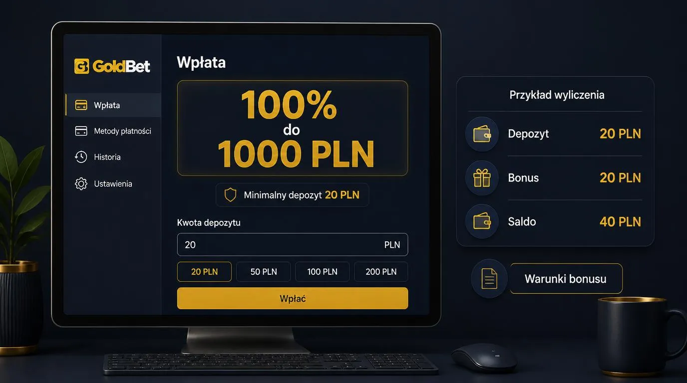 Panel bonusu powitalnego 100% do 1000 PLN z minimalnym depozytem 20 PLN i przykładem salda 40 PLN